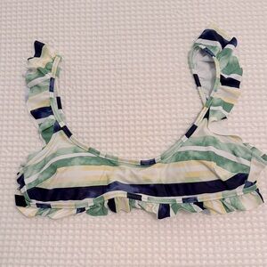 AERIE Womens NWT Scoop Striped Ruffle Bikini Top Green Yellow Blue Striped SMALL